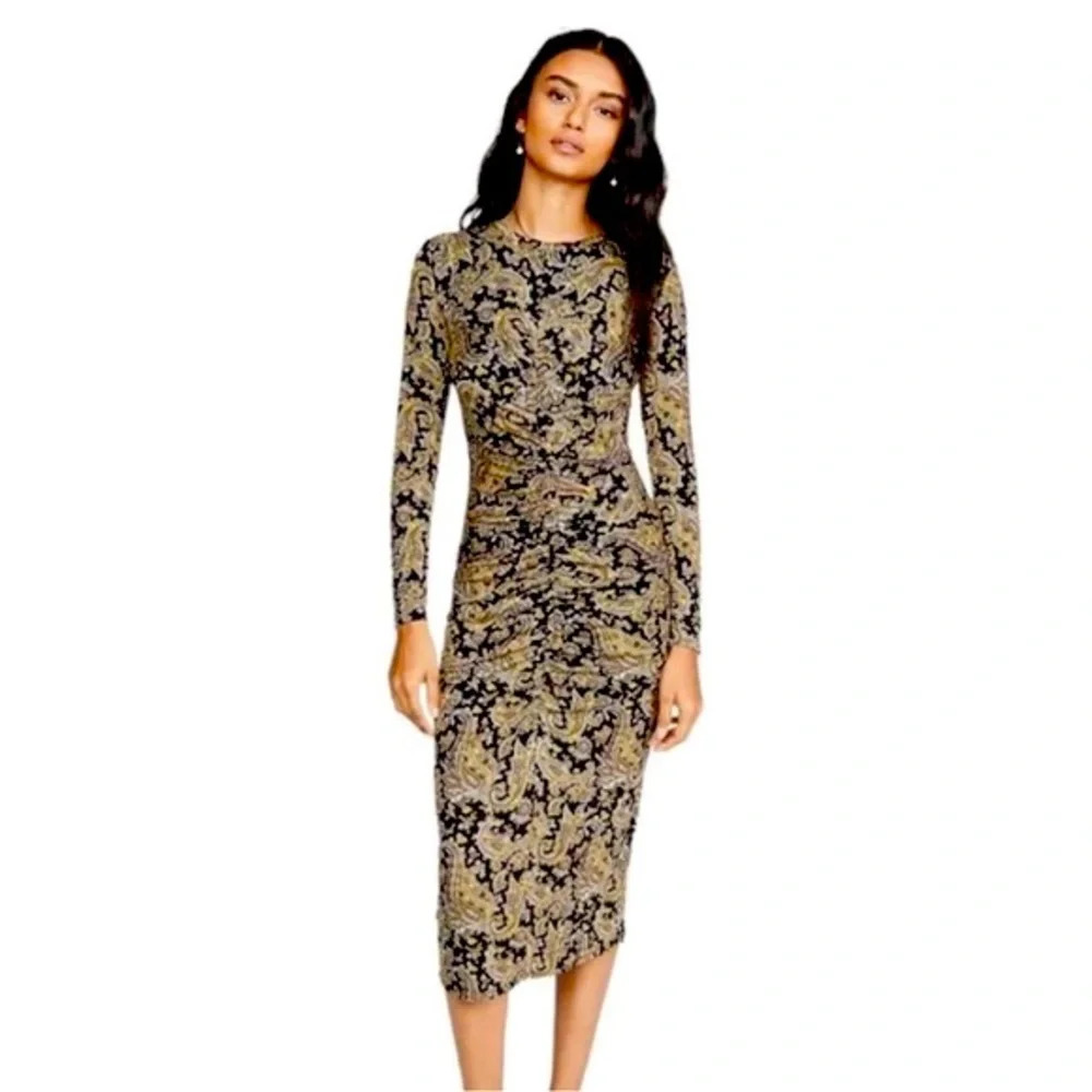 Joie Black Yellow Aja Long Sleeve Paisley Ruched Midi Dress. Size XS